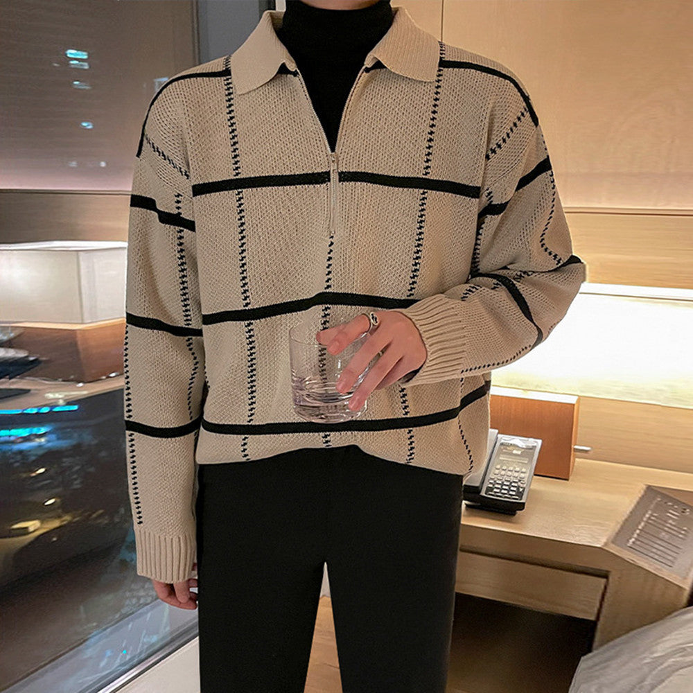GridLine—Check Pattern Lapel Knit Sweater