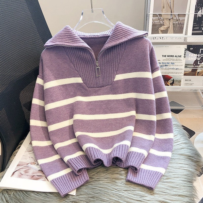 EverTrend — Loose Striped Zipper Sweater