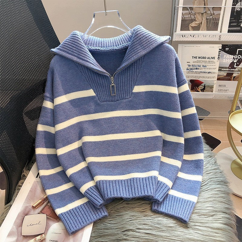 EverTrend — Loose Striped Zipper Sweater