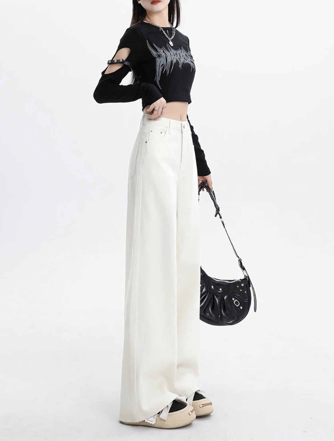 Alveria—Draped High-Waist White Denim