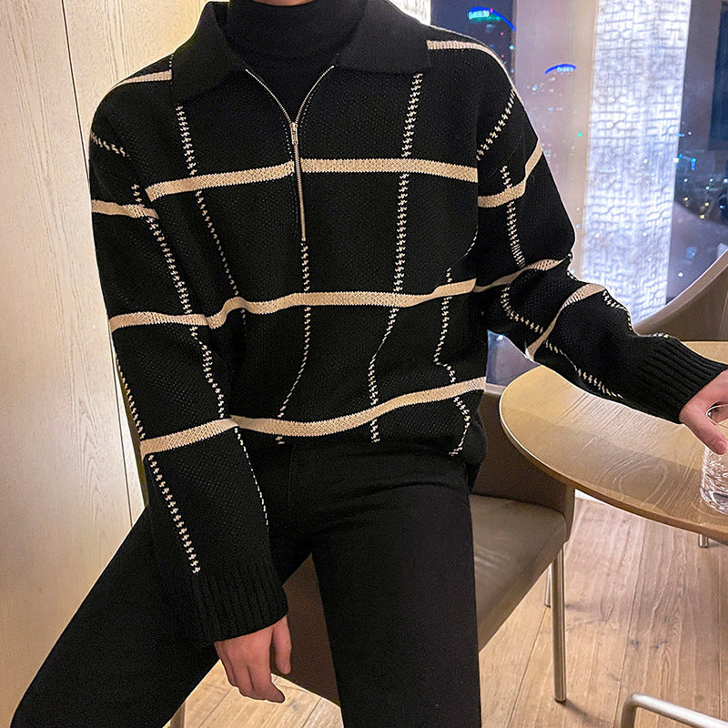 GridLine—Check Pattern Lapel Knit Sweater