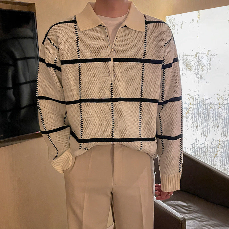 GridLine—Check Pattern Lapel Knit Sweater