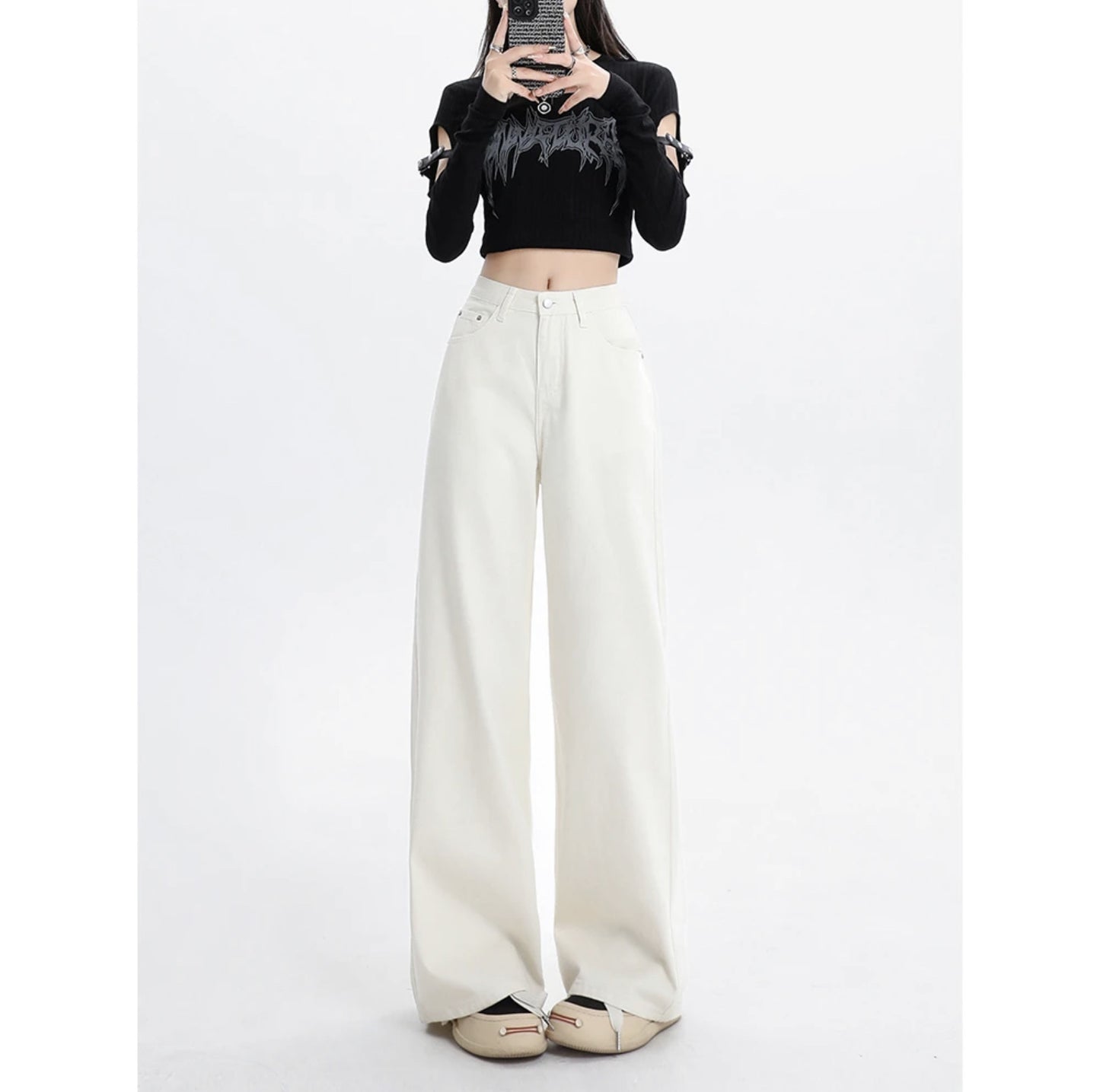 Alveria—Draped High-Waist White Denim