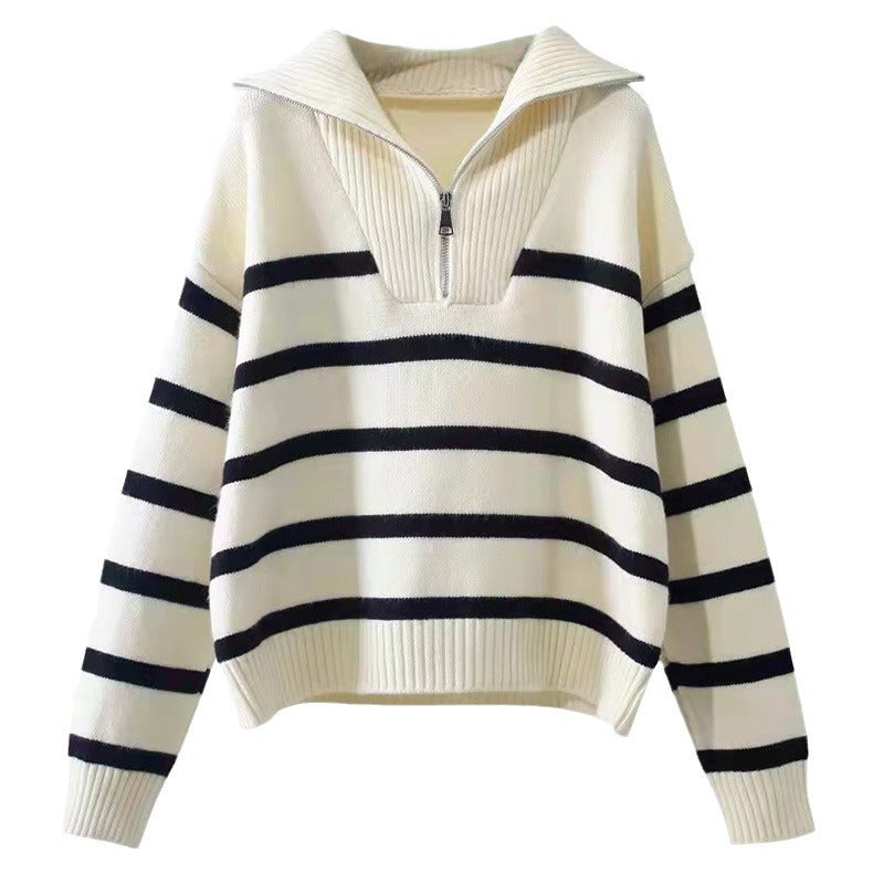 EverTrend — Loose Striped Zipper Sweater