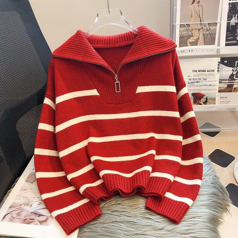 EverTrend — Loose Striped Zipper Sweater