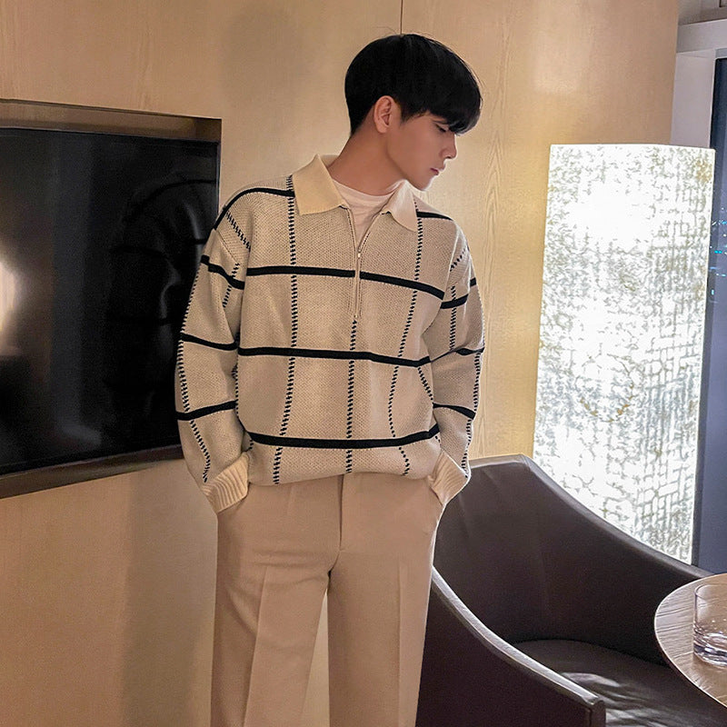 GridLine—Check Pattern Lapel Knit Sweater