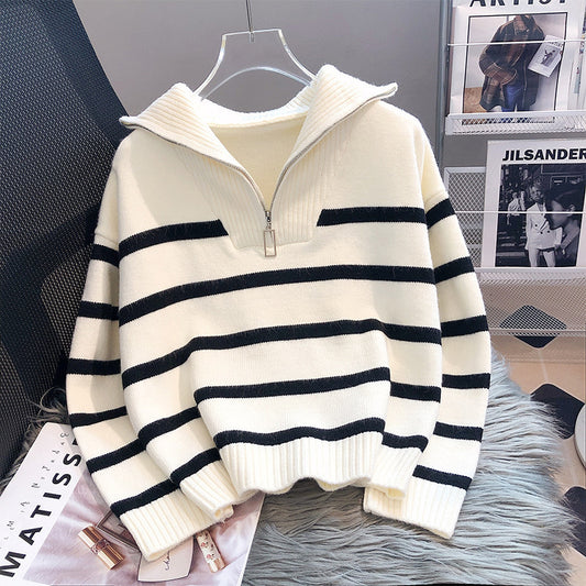 EverTrend — Loose Striped Zipper Sweater