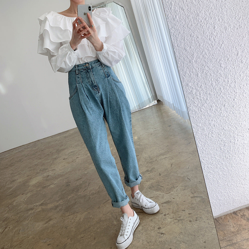 Averra—High-Waist Pleated Korean Denim