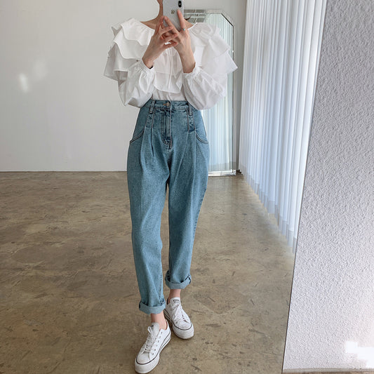 Averra—High-Waist Pleated Korean Denim