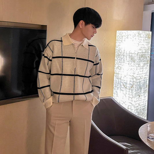 GridLine—Check Pattern Lapel Knit Sweater