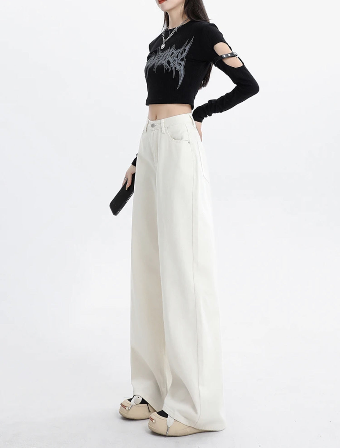 Alveria—Draped High-Waist White Denim
