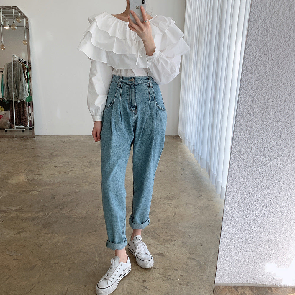 Averra—High-Waist Pleated Korean Denim